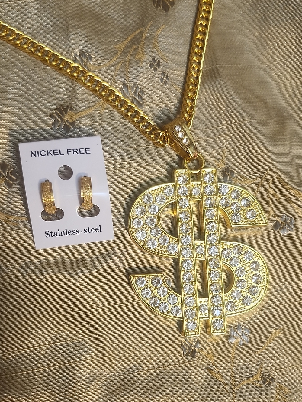 Gold Crystal Dollar Sign Pendant Necklace Set